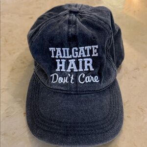 Blue/Gray Denim Cap with Embroidered Text “Tailgate Hair don’t care”